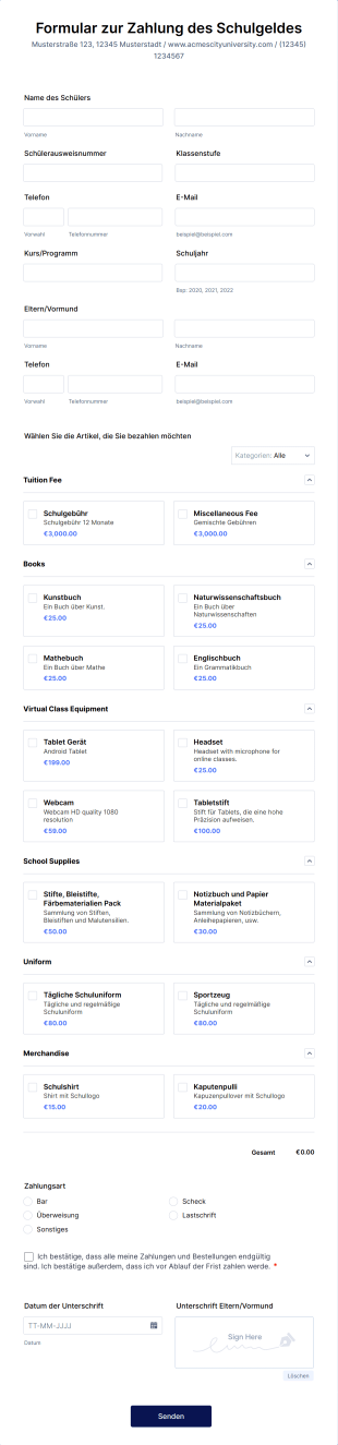 Formular Zur Zahlung Des Schulgeldes Form Template