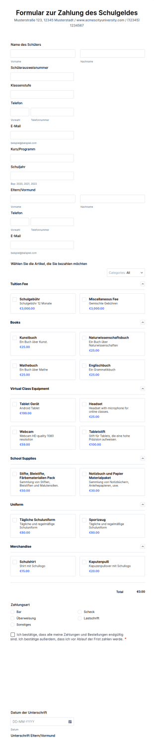 Formular Zur Zahlung Des Schulgeldes