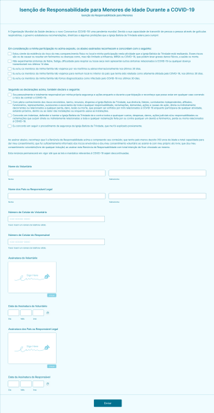 Formulário Da Igreja Para Isenção De Responsabilidade Dos Menores De Idade Durante A COVID 19 Form Template
