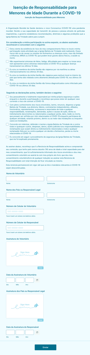 Formulário Da Igreja Para Isenção De Responsabilidade Dos Menores De Idade Durante A COVID 19