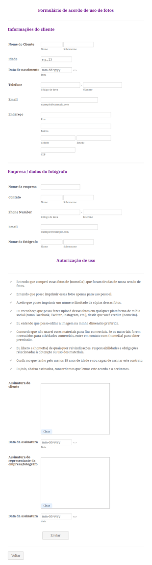 Formulário De Acordo De Uso De Fotos
