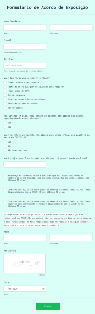 Formulário De Acordo Para Possível Exposição Ao Coronavírus