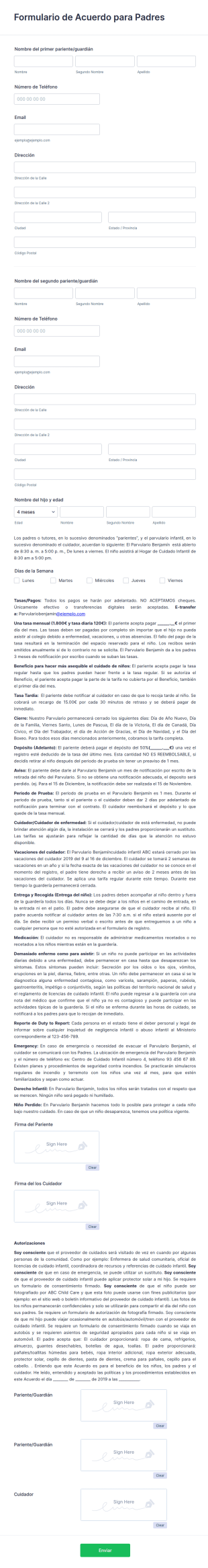 Formulario De Acuerdo Para Padres