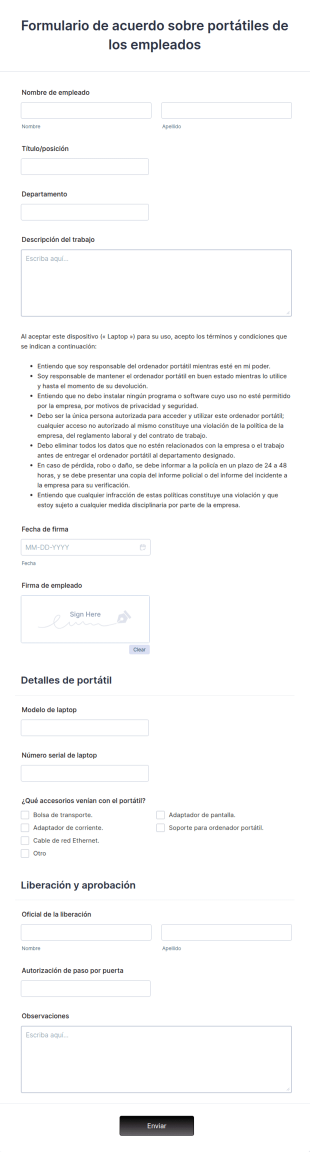 Formulario De Acuerdo Sobre Portátiles De Los Empleados