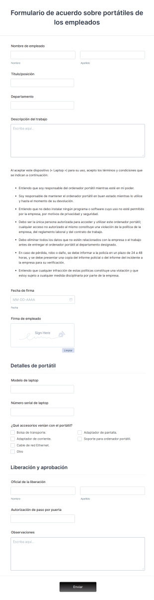 Formulario De Acuerdo Sobre Portátiles De Los Empleados Form Template