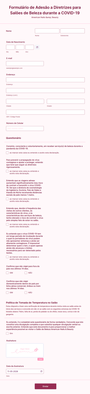 Formulário De Adesão A Diretrizes Para Salões De Beleza Durante A COVID 19