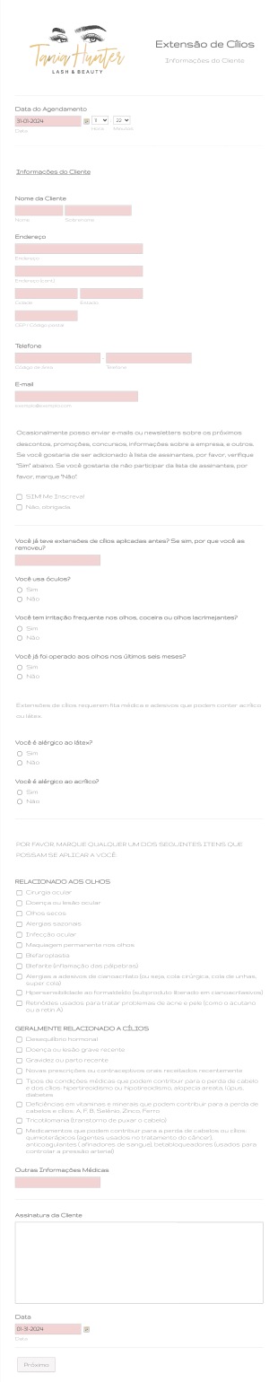 Formulário De Adesão às Políticas De Agendamento Para Extensão De Cílios