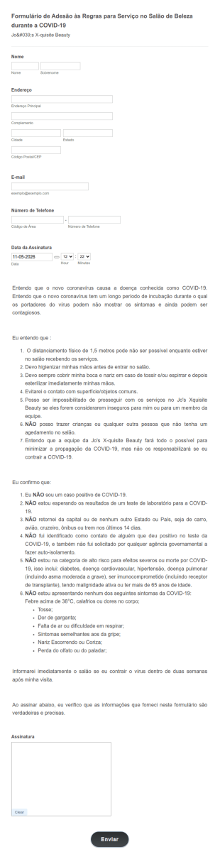 Formulário De Adesão às Regras Para Serviço No Salão De Beleza Durante A COVID 19