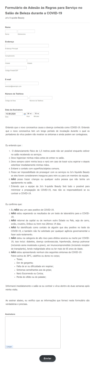 Formulário De Adesão às Regras Para Serviço No Salão De Beleza Durante A COVID 19 Form Template