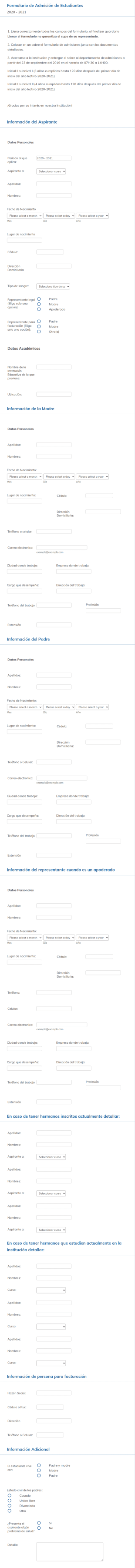 Formulario De Admisión De Estudiantes