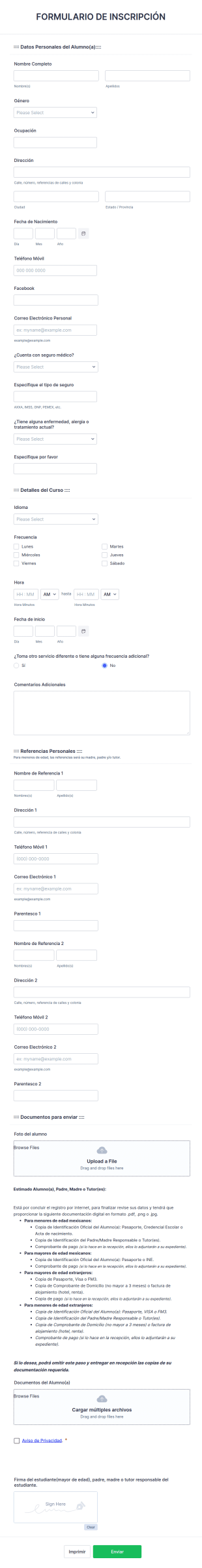 Formulario De Admisión A Escuela De Idiomas
