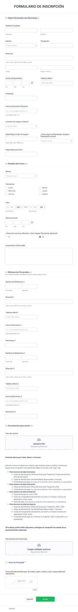 Formulario De Admisión A Escuela De Idiomas Form Template