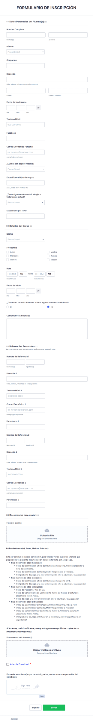Formulario De Admisión A Escuela De Idiomas