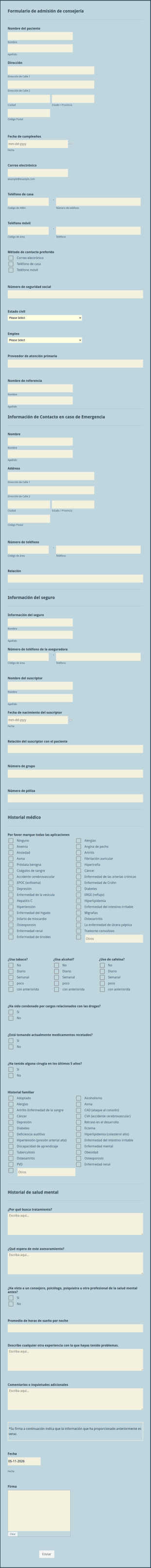 Formulario De Admisión De Consejería