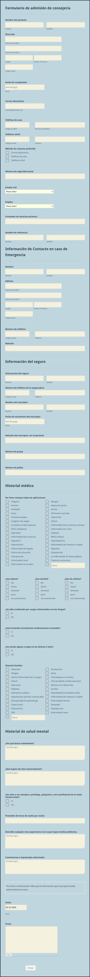 Formulario De Admisión De Consejería
