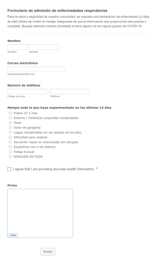 Formulario De Admisión De Coronavirus Para Masajistas
