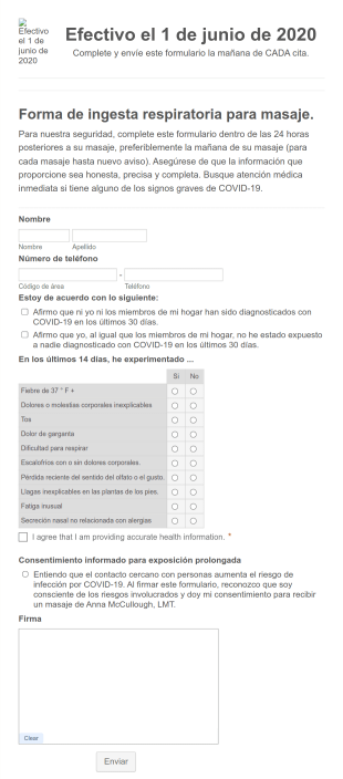 Formulario De Admisión De COVID 19 Para Terapia De Masaje Form Template