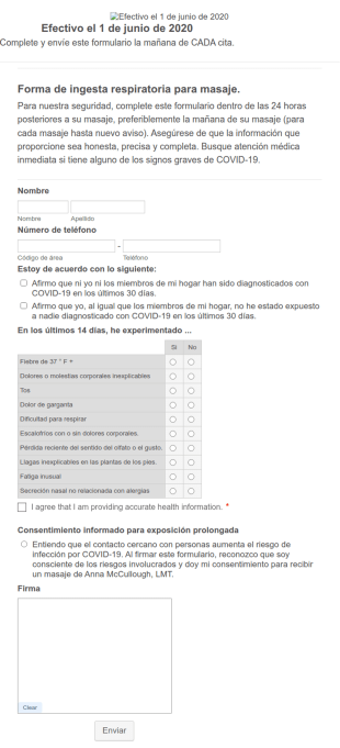 Formulario De Admisión De COVID 19 Para Terapia De Masaje