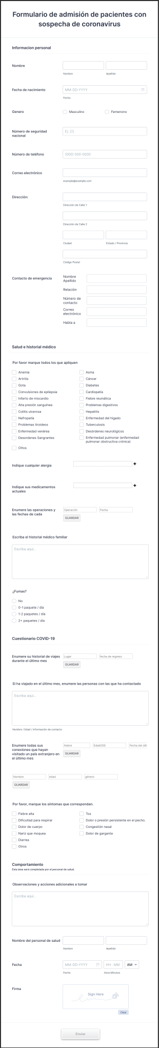 Formulario De Admisión De Pacientes Con Sospecha De Coronavirus Form Template