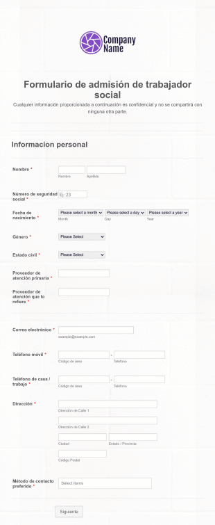 Formulario De Admisión De Trabajador Social Form Template