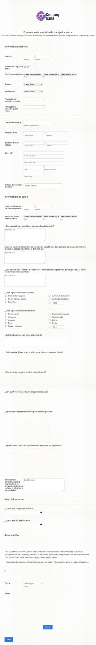 Formulario De Admisión De Trabajador Social