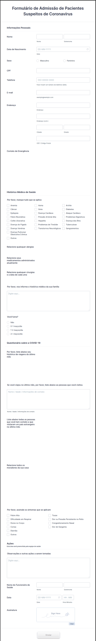 Formulário De Admissão De Pacientes Suspeitos De Coronavírus