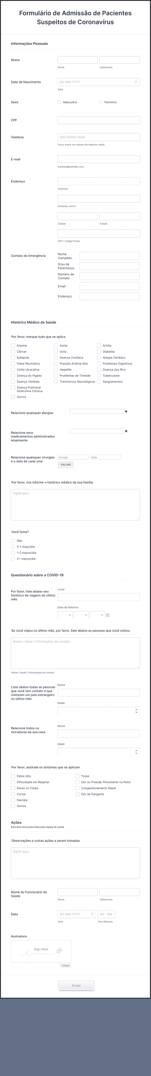 Formulário De Admissão De Pacientes Suspeitos De Coronavírus