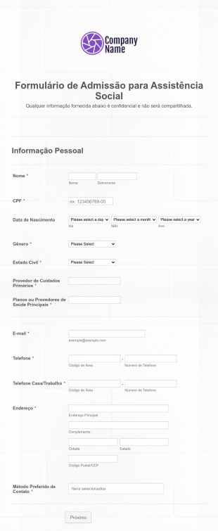 Formulário De Admissão Para Assistência Social Form Template