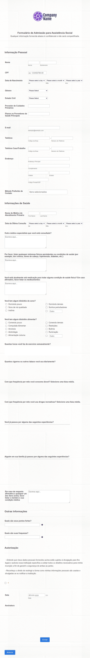 Formulário De Admissão Para Assistência Social