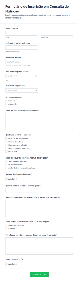 Formulário De Agendamento De Consulta De Nutrição