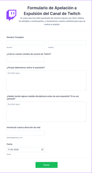 Formulario De Apelación A Expulsión Del Canal De Twitch