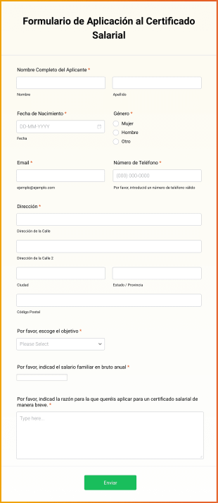 Formulario De Aplicación Al Certificado Salarial Form Template
