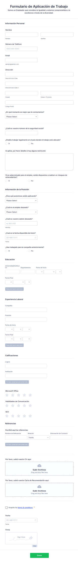Formulario De Aplicación De Trabajo