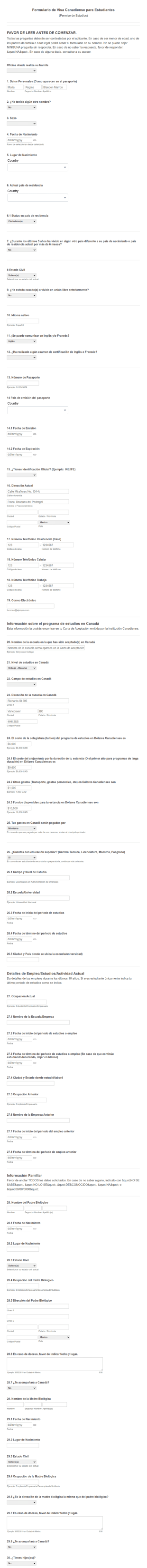 Formulario De Aplicación De Visa Canadiense Para Estudiantes