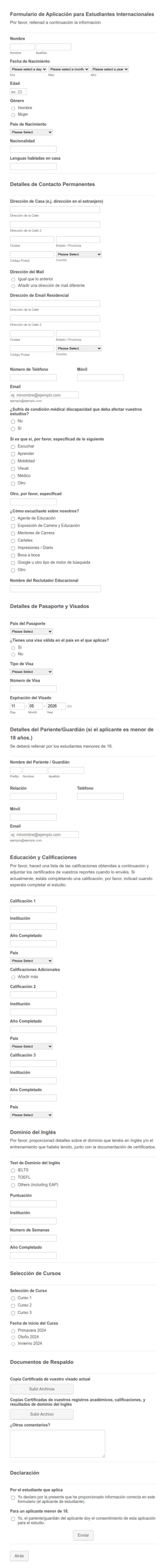 Formulario De Aplicación Para Estudiantes Internacionales