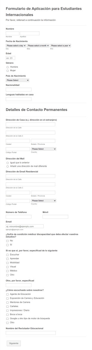 Formulario De Aplicación Para Estudiantes Internacionales Form Template