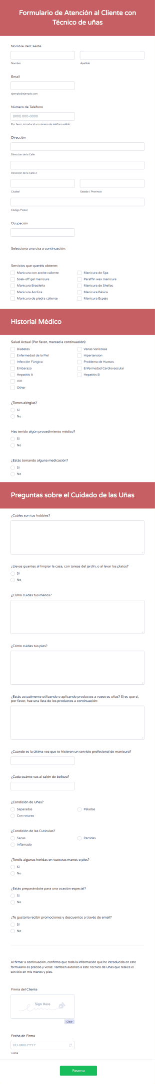 Formulario De Atención Al Cliente Con Técnico De Uñas