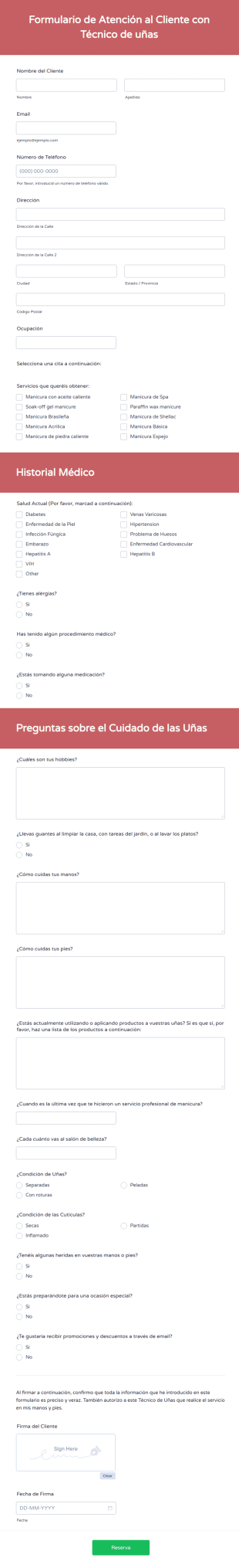 Formulario De Atención Al Cliente Con Técnico De Uñas