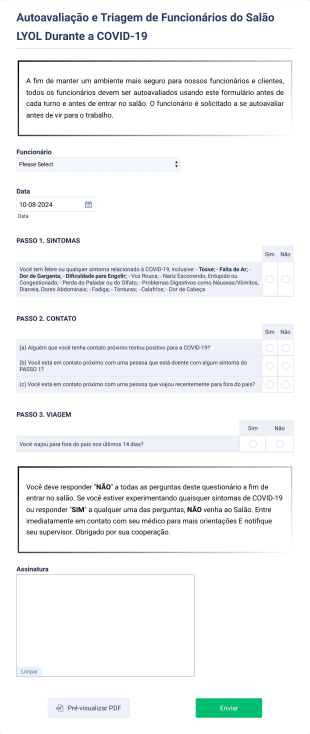 Formulário De Autoavaliação E Triagem De Funcionários Do Salão Durante A COVID 19 Form Template