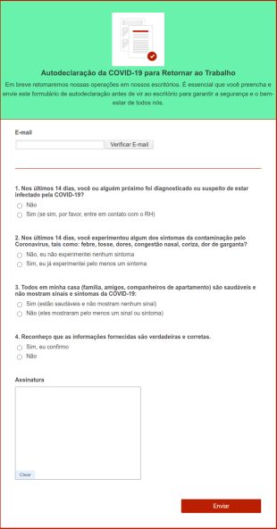 Formulário De Autodeclaração Da COVID 19 Para Retornar Ao Trabalho