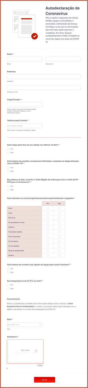 Formulário De Autodeclaração De Coronavírus Para Igrejas