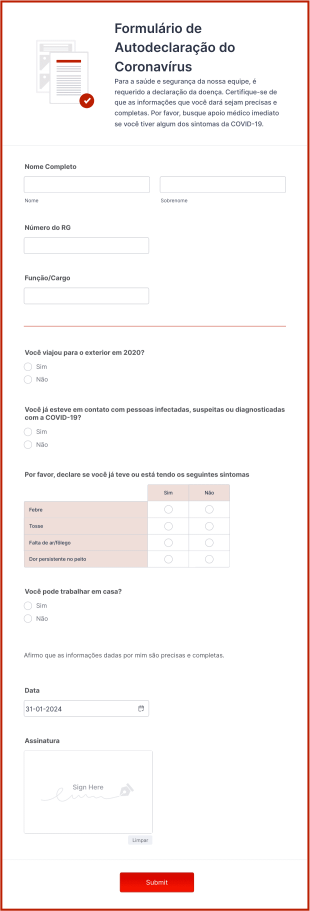 Formulário De Autodeclaração Do Coronavírus Form Template