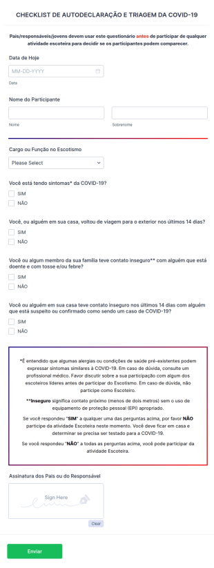 Formulário De Autodeclaração E Triagem Da COVID 19 Para Escoteiros