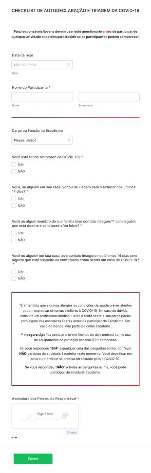 Formulário De Autodeclaração E Triagem Da COVID 19 Para Escoteiros