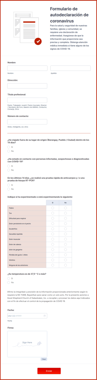 Formulario De Autodeclaración De Coronavirus Para El Personal De La Iglesia
