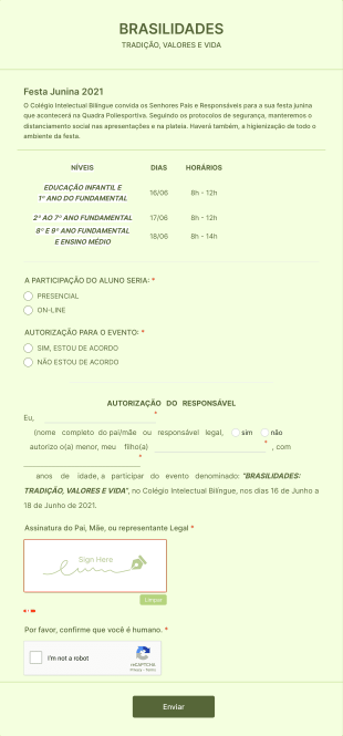 Formulário De Autorização Para Realização Da Festa Junina 2021: Brasilidades Form Template
