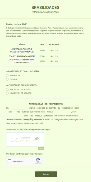 Formulário De Autorização Para Realização Da Festa Junina 2021: Brasilidades