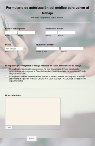Formulario De Autorización Del Médico Para Volver Al Trabajo Form Template
