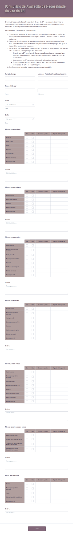 Formulário De Avaliação Da Necessidade Do Uso De EPI Form Template