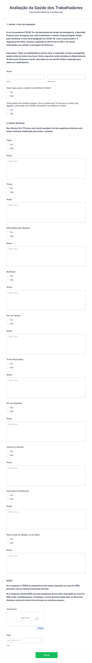Formulário De Avaliação Da Saúde Dos Trabalhadores COVID 19 Form Template
